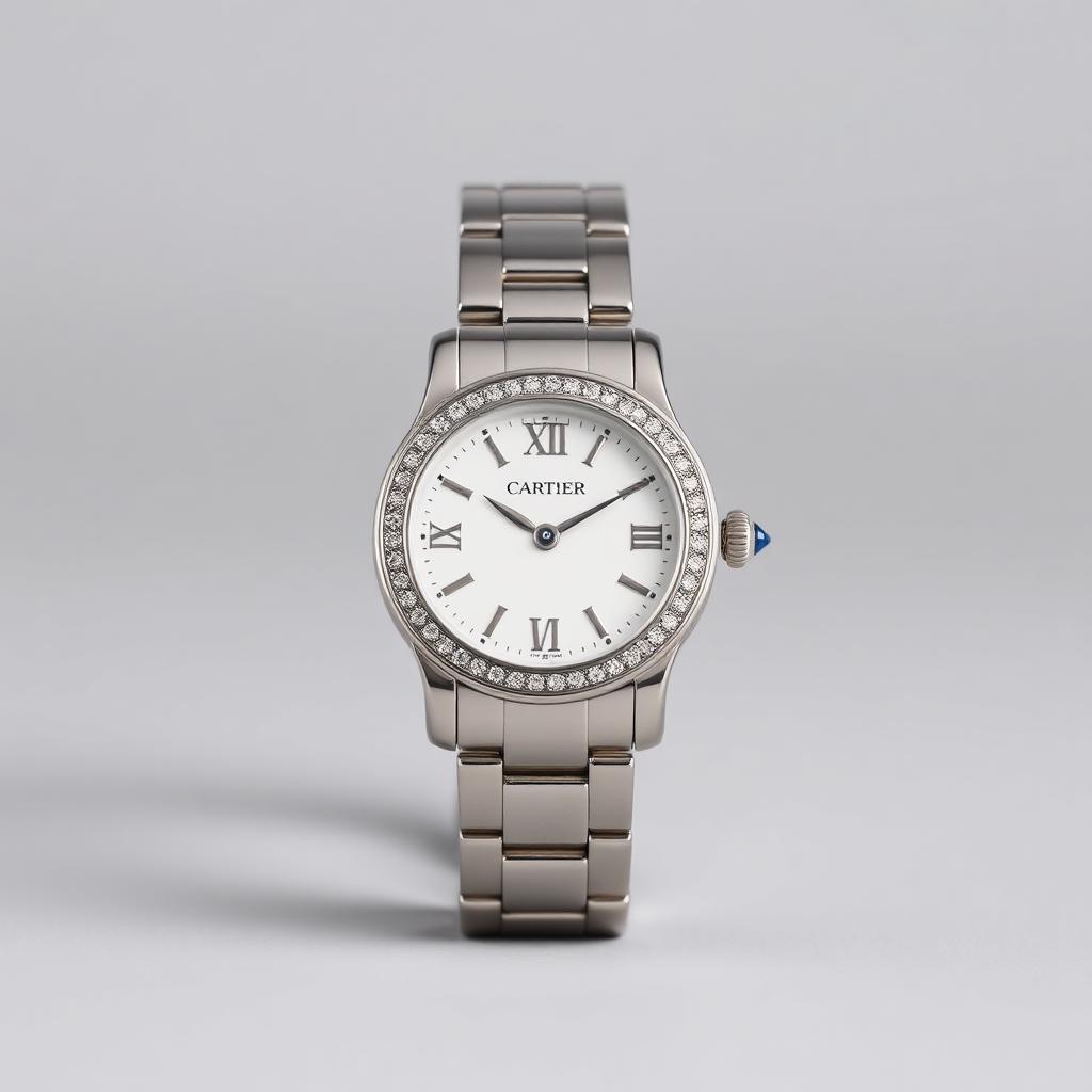 Cartier Ballon Bleu watch with diamond bezel on grey studio backdrop