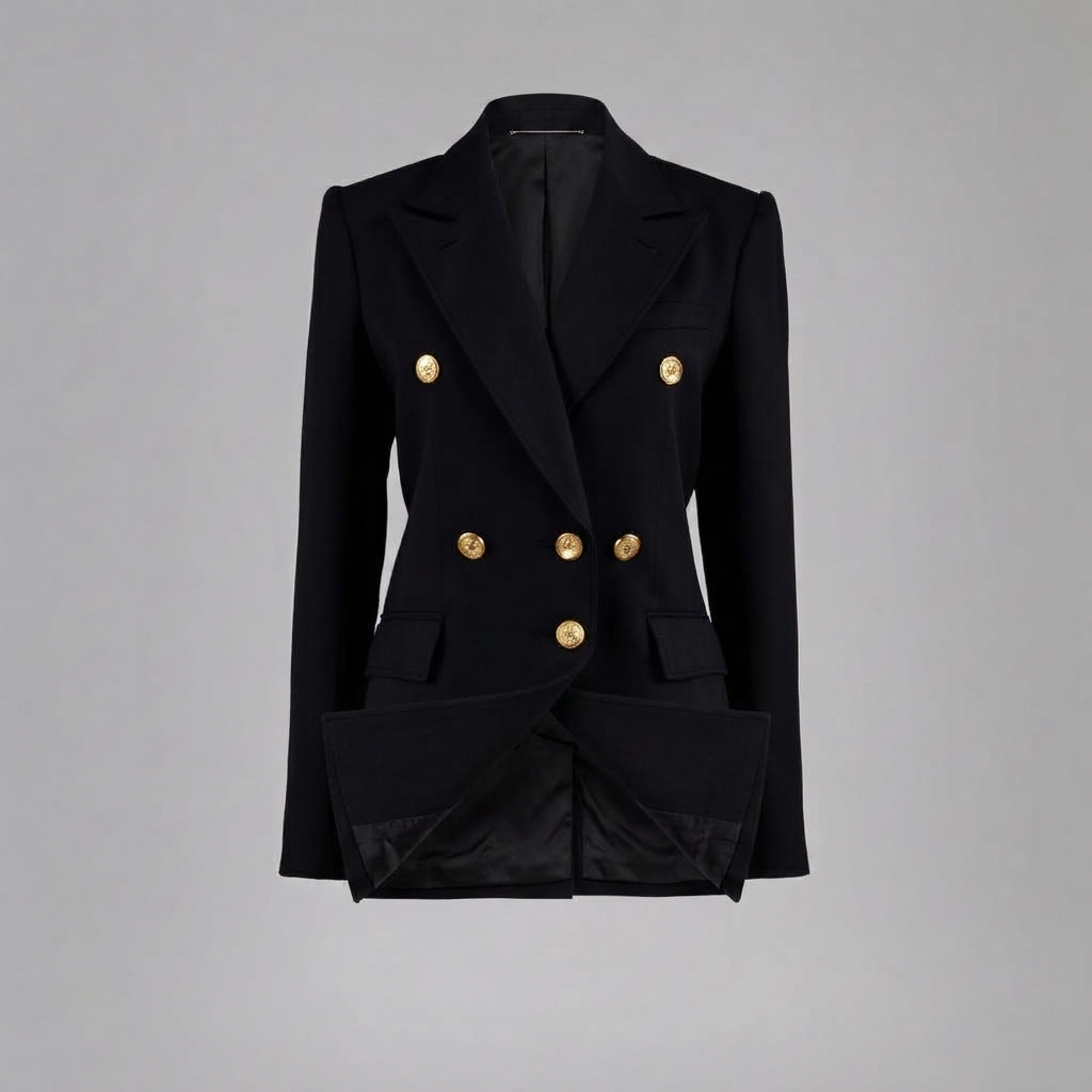 Black Celine double-breasted flared jacket on grey studio backdrop