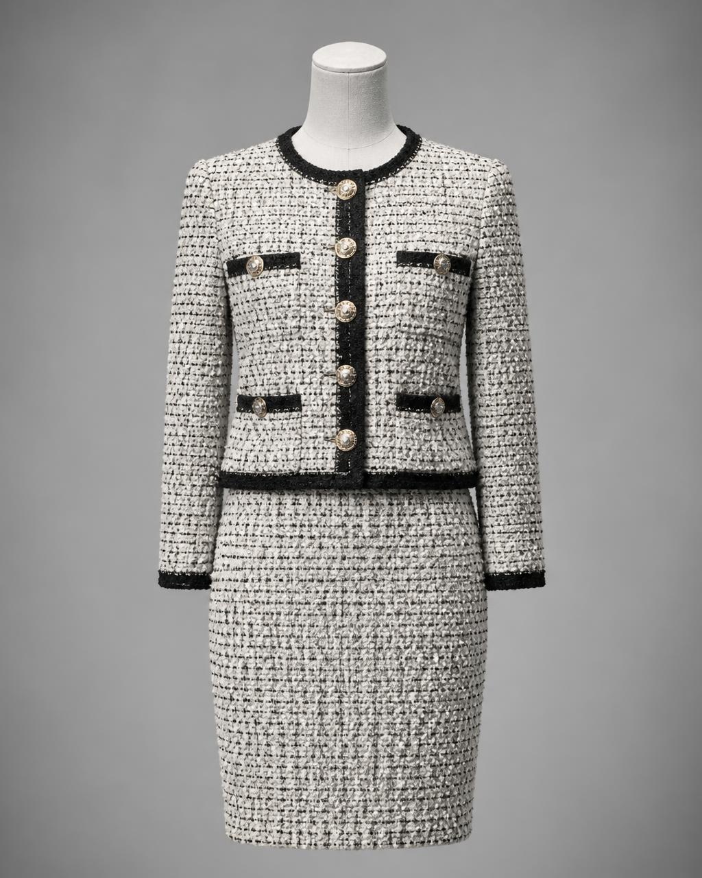 Ivory bouclé tailored suit on a tailor's form
